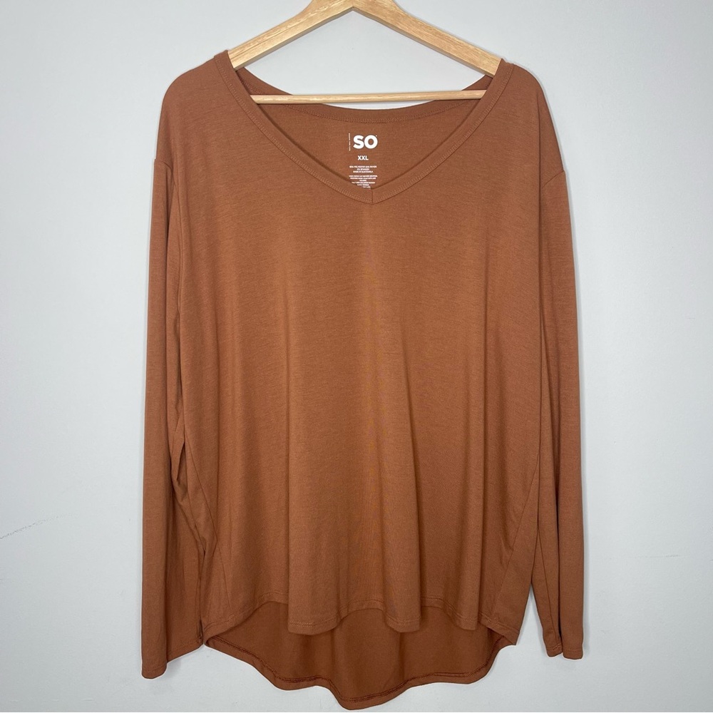 SO Goods For Life Soft Luxe V-Neck Long-Sleeve Brown Tee (XX-Large)